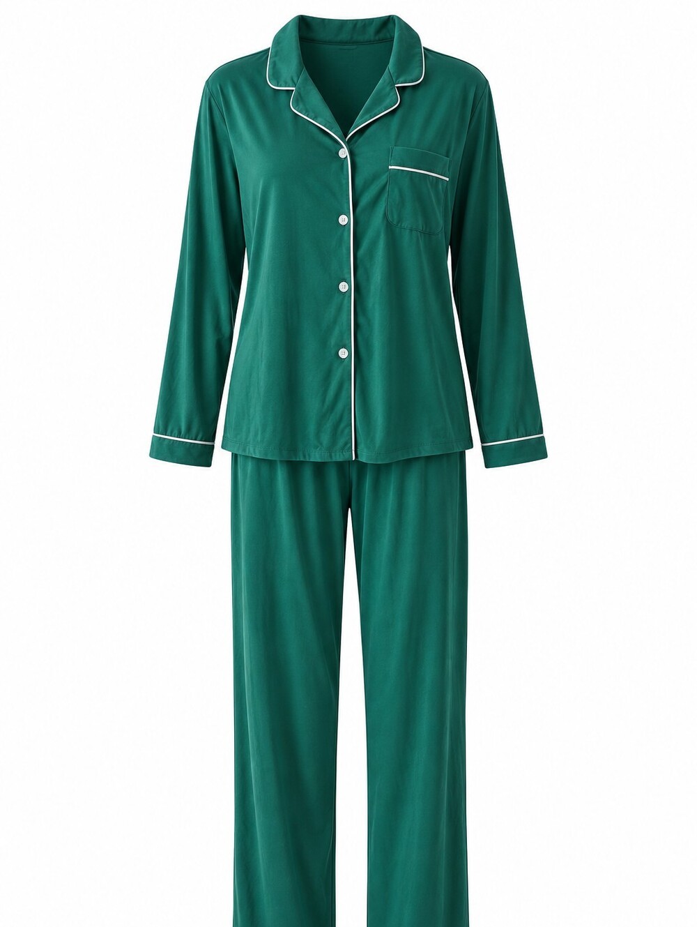 Emerald Green Satin Pajama Set – Long Sleeve Button-Up & Pants